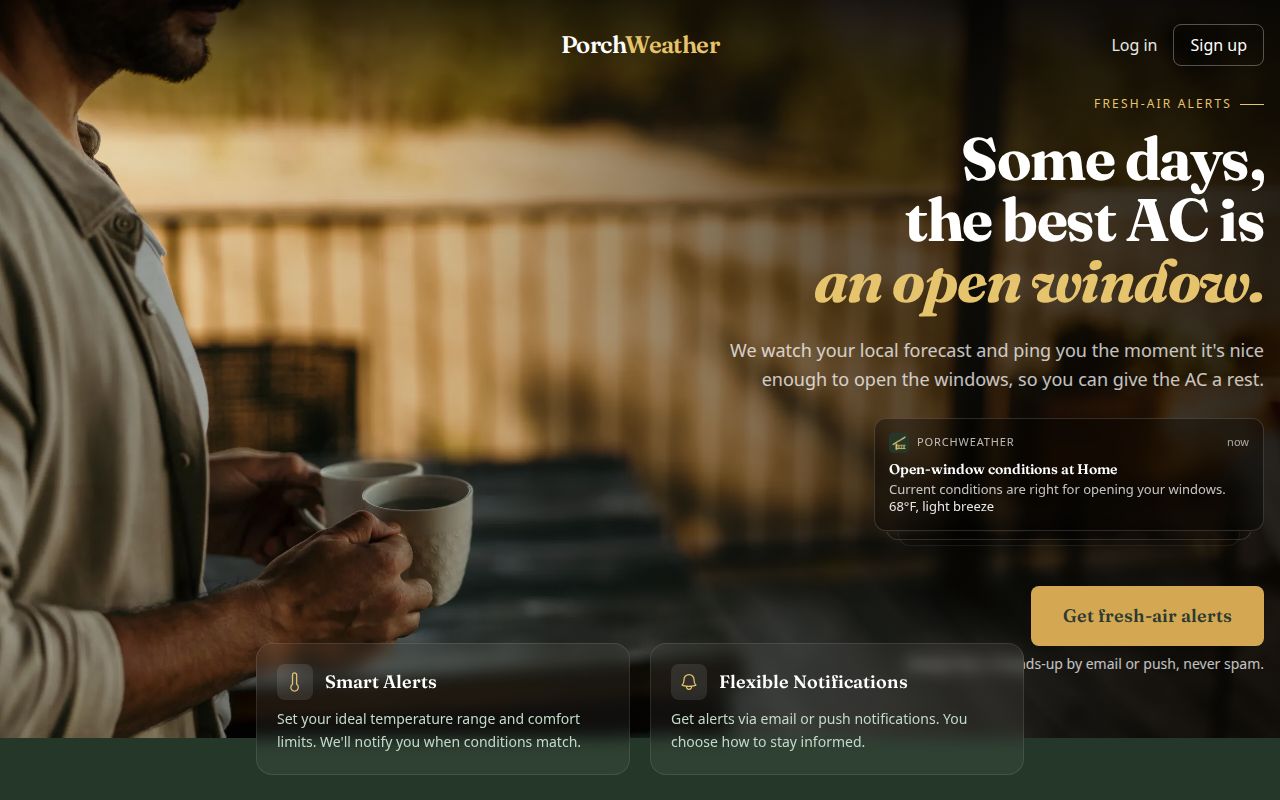 PorchWeather landing page with the tagline: Some days, the
    best AC is an open window.